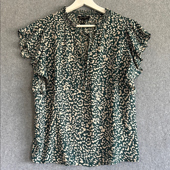 Jessica Simpson Flutter Sleeve Ruffled V-Neck Bohemian  Blouse Green/Cream (L) - Picture 3 of 11